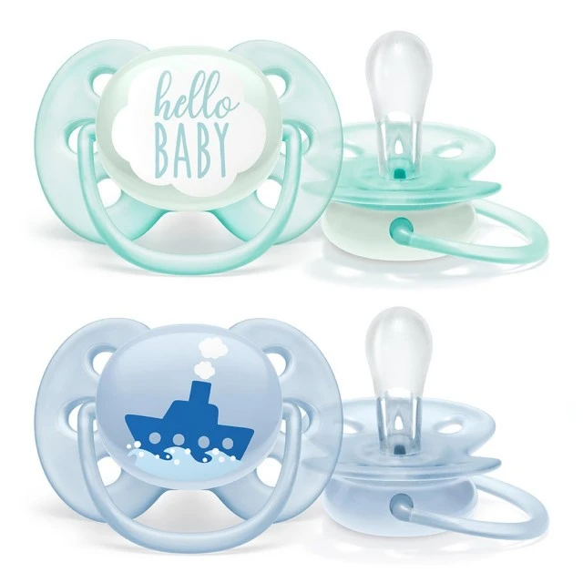 Πιπίλες Ultra Soft 0-6m μπλε με διακόσμηση Boat και Hello