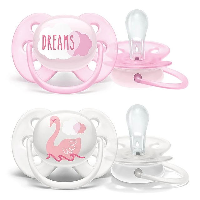 Πιπίλες Ultra Soft 0-6m σε ροζ χρώμα με Swan ντεκόρ και γράμματα
