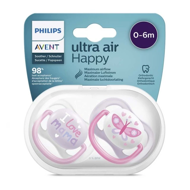 Πιπίλες Ultra Air Happy 0-6m ροζ με Butterfly and Love ντεκόρ