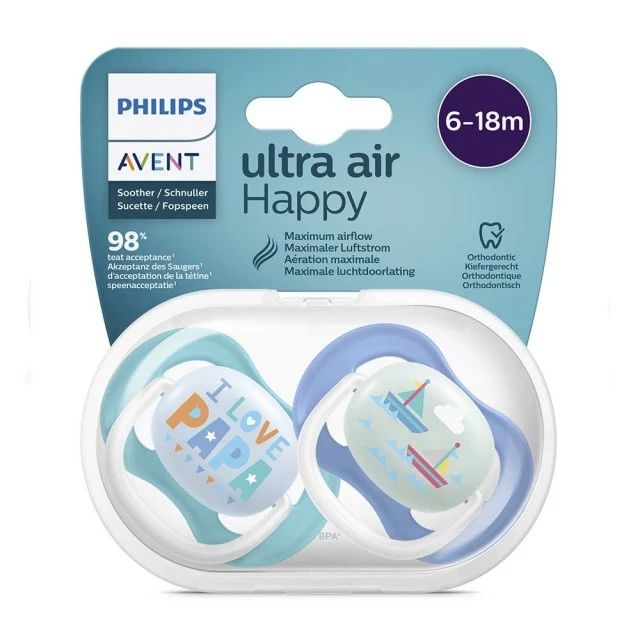 Πιπίλες Ultra Air Happy 6-18m μπλε με επιγραφή και ντεκόρ βάρκας
