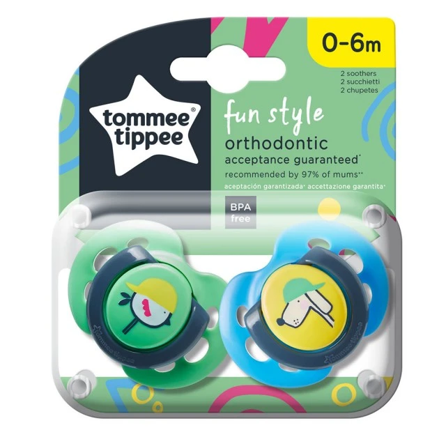 Tommee Tippee ορθοδοντικές πιπίλες FUN STYLE, 0-6μ, 2 τεμ., Σκύλος/Κοτόπουλο