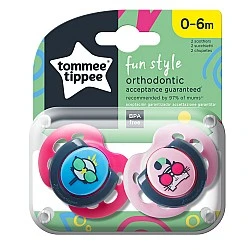 Tommee Tippee ορθοδοντικές πιπίλες FUN STYLE, 0-6μ, 2 τεμ., Γάτα/Κοτόπουλο