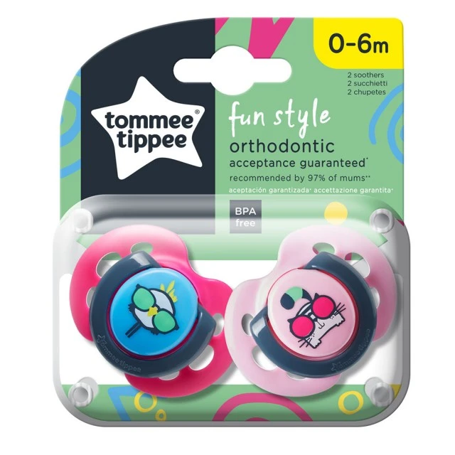Tommee Tippee ορθοδοντικές πιπίλες FUN STYLE, 0-6μ, 2 τεμ., Γάτα/Κοτόπουλο