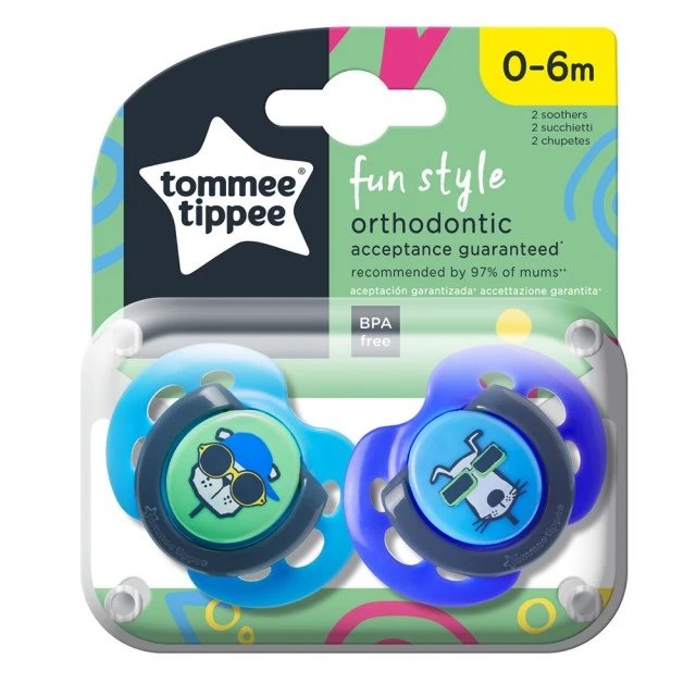 Tommee Tippee Ορθοδοντικές πιπίλες FUN STYLE, 0-6m, 2 τεμ./συσκευασία, Γάτα/Σκύλος