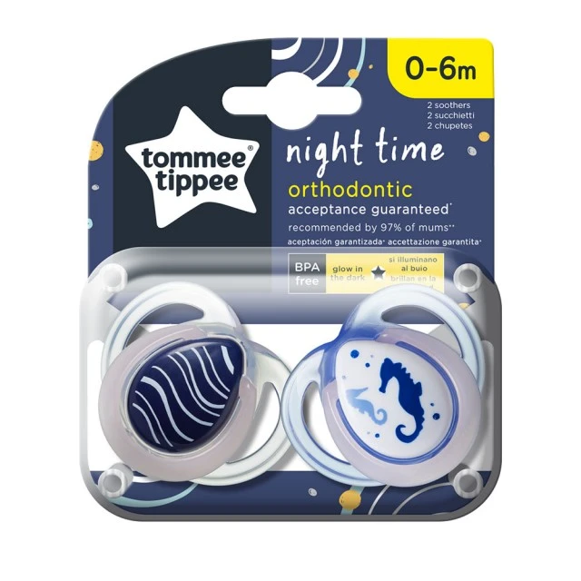 Ορθοδοντικές πιπίλες Tommee Tippee NIGHT TIME 0-6m, 2 τμχ/συσκευασία, Seahorse