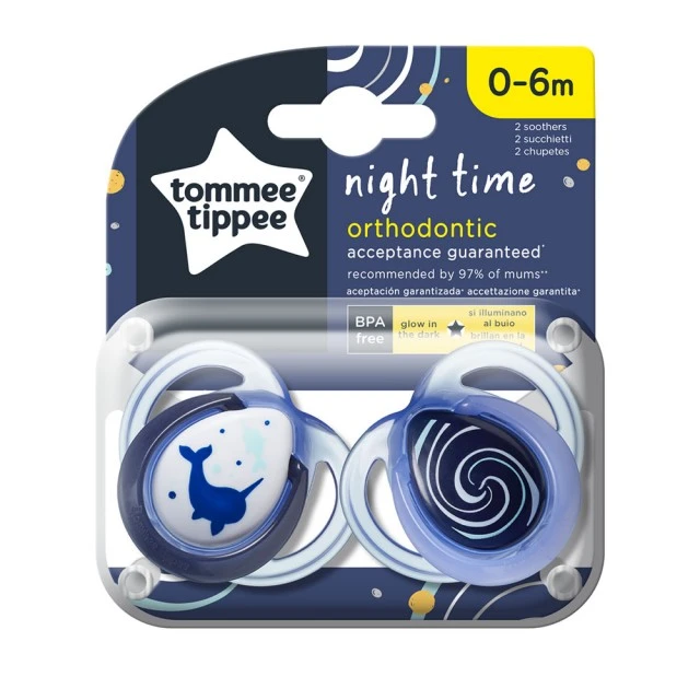 Ορθοδοντικές πιπίλες Tommee Tippee NIGHT TIME 0-6m, 2 τεμ./συσκευασία, Narwhal