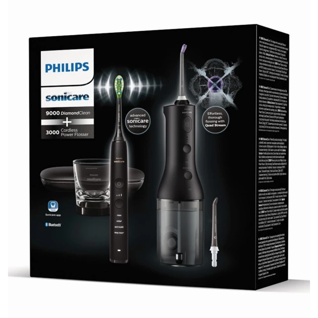 Σετ Oral shower Power Flosser 3000 και Ultrasonic οδοντόβουρτσα DiamondClean 9000, HX3866/43, μαύρο