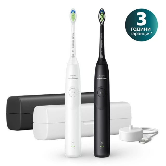 Σετ 2 επαναφορτιζόμενων οδοντόβουρτσων Philips Sonicare HX7109/01 σειράς 5300 με τεχνολογία ήχου επόμενης γενιάς, 1 λειτουργία βουρτσίσματος, 2 εντάσεις, αισθητήρα πίεσης, κεφαλή W2 Optimal White