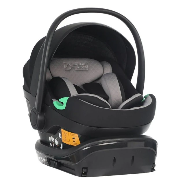 Κάθισμα αυτοκινήτου Mountain Buggy Protect i-Size, με αφαιρούμενο μαξιλαράκι νεογέννητου, επεκτεινόμενη πλάτη, για παιδιά ύψους 40-87 cm, προστασία UPF50+, μαύρο-γκρι + βάση IsoFix