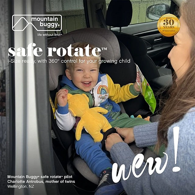 Παιδικό κάθισμα αυτοκινήτου Mountain Buggy Safe Rotate i-Size, με αφαιρούμενο μαξιλαράκι νεογέννητου, επεκτεινόμενη πλάτη, για παιδιά ύψους 40-150 cm, μαύρο-γκρι + βάση IsoFix