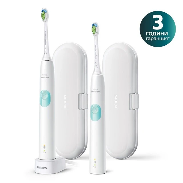 Το σετ Philips Sonicare ProtectiveClean Series 4300 HX6807/35 περιλαμβάνει 2 λευκές ηλεκτρικές οδοντόβουρτσες sonic με κομψές θήκες και 1 φορτιστή