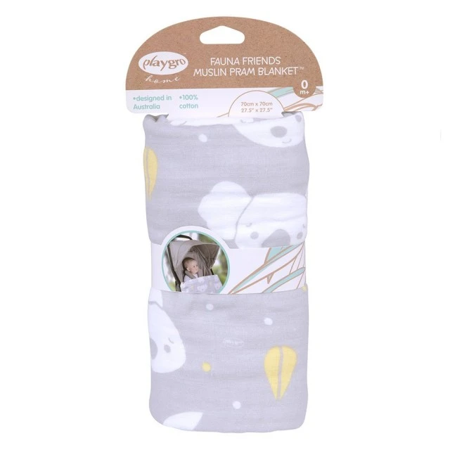 Playgro Fauna Friends 100% φυσικό βαμβάκι παιδική κουβέρτα μουσελίνα για καρότσι, διάσταση 70 x 70 cm