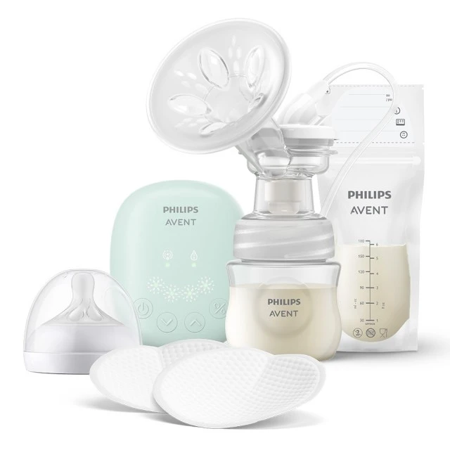 Σετ από ηλεκτρικό θήλαστρο Philips AVENT Essential, 1 μπιμπερό Natural Response 125 ml, 5 φακελάκια μητρικού γάλακτος και 4 επιθέματα