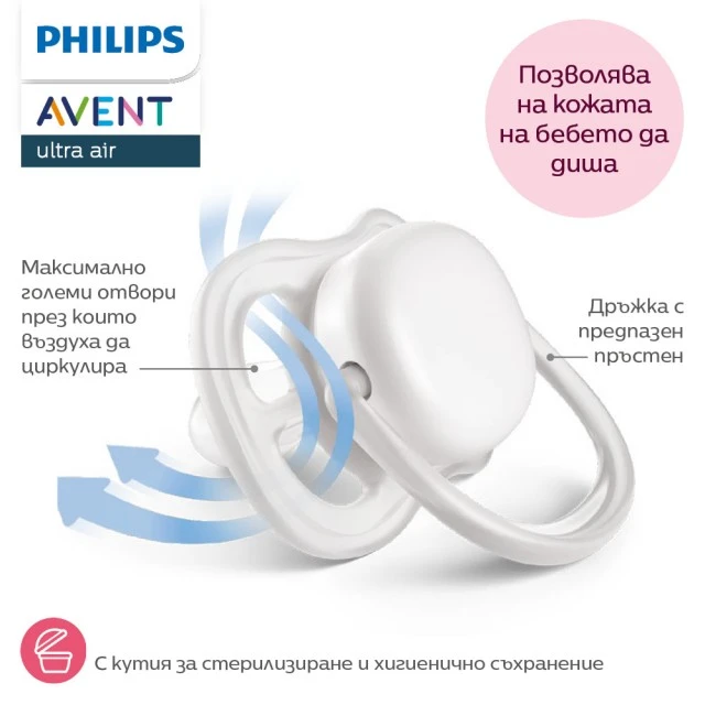 2 τεμάχια ορθοδοντικών πιπίλων σιλικόνης Philips AVENT SCF349/58 Ultra Air, 18m+, με εικόνες, σε κουτί αποστείρωσης