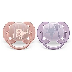 Σετ των 2 ορθοδοντικές πιπίλες Philips AVENT SCF091/09 Ultra Soft 0-6m, με διακοσμητικά ελέφαντα και παλάμης, σε κουτί αποστείρωσης