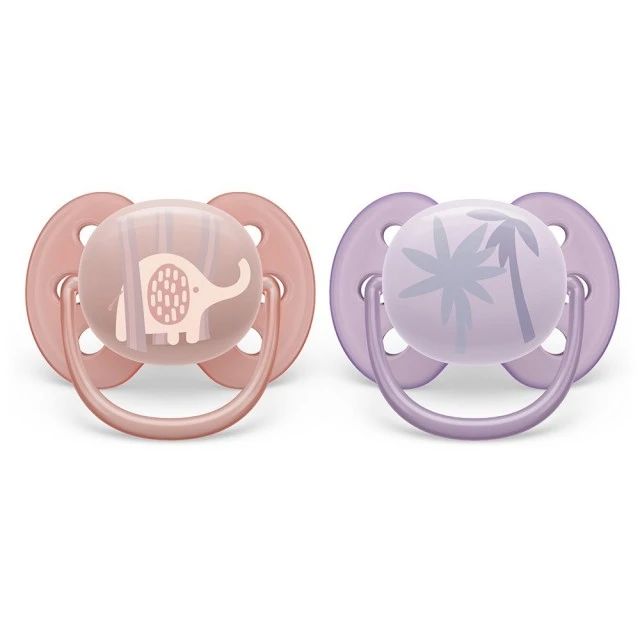 Σετ των 2 ορθοδοντικές πιπίλες Philips AVENT SCF091/09 Ultra Soft 0-6m, με διακοσμητικά ελέφαντα και παλάμης, σε κουτί αποστείρωσης