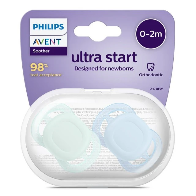 Σετ των 2 ορθοδοντικές πιπίλες για νεογνά Philips AVENT SCF075/02 Ultra Start 0-2m, σε μπλε και πράσινο, σε κουτί αποστείρωσης