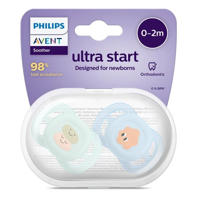 Σετ των 2 ορθοδοντικές πιπίλες για νεογνά Philips AVENT SCF075/04 Ultra Start 0-2m, σε μπλε και πράσινο χρώμα με διασκεδαστική διακόσμηση, σε κουτί αποστείρωσης