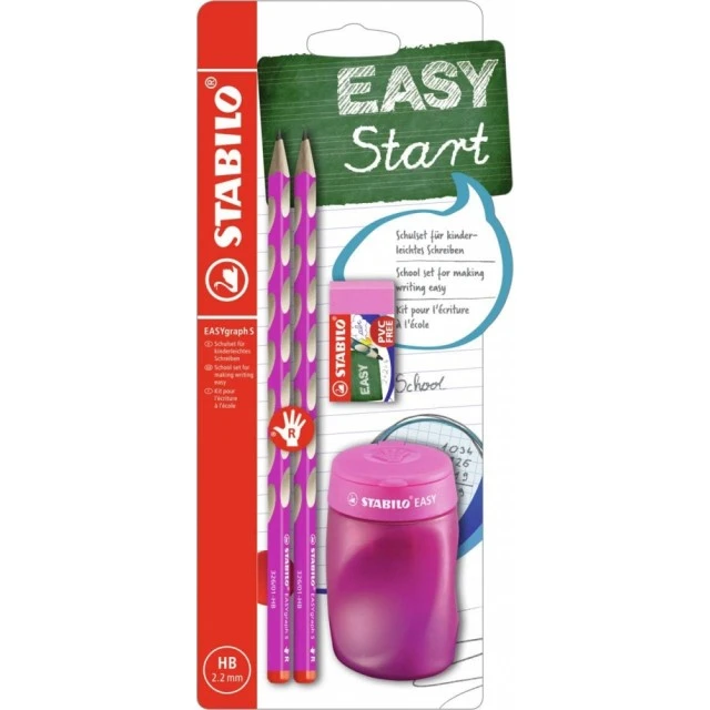 Σετ εργονομικών μολυβιών, Stabilo, EASYgraph S, για δεξί χέρι, 2 τεμάχια με ξύστρα και γόμα, ροζ