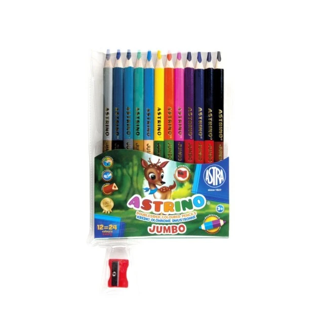 Μολύβια jumbo διπλής όψης Astrino 12 τμχ, 24 χρώματα και ξύστρα δώρου