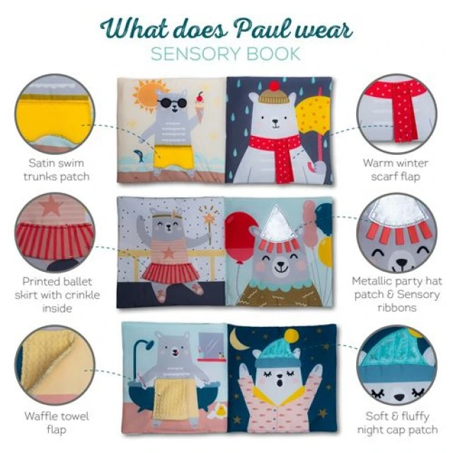Απαλό αισθητηριακό βιβλίο What Paul is wears, 15 x 15 cm