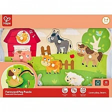Ξύλινο παιχνίδι παζλ, Hape, Farm, 10 κομμάτια