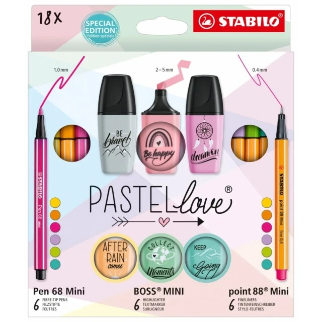 Συνδυασμένο σετ, Stabilo, Pastellove, Στυλό 68 Mini, Boss Mini, Point 88 mini ST77/5-8, 18 τεμάχια