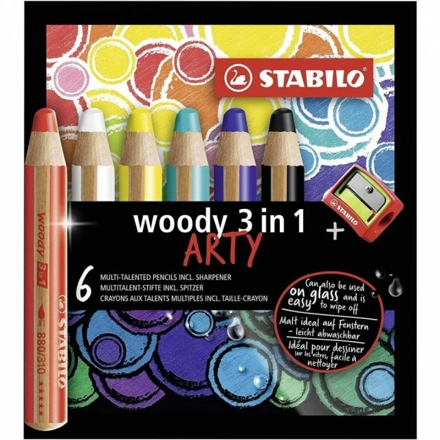 Σετ χρωματιστά μολύβια, Stabilo, Woody Arty 3 σε 1 + ξύστρα ST8806-1-20, 6 χρώματα