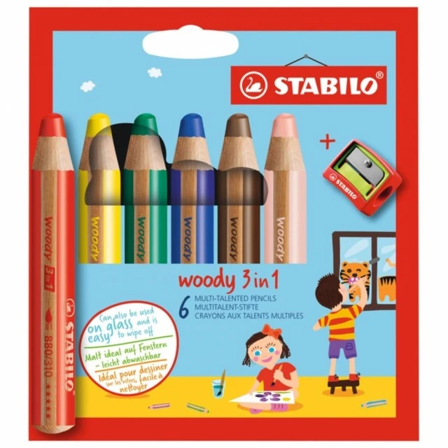 Σετ χρωματιστά μολύβια, Stabilo, Woody 3 in 1 + ξύστρα ST8806-2, 6 χρώματα