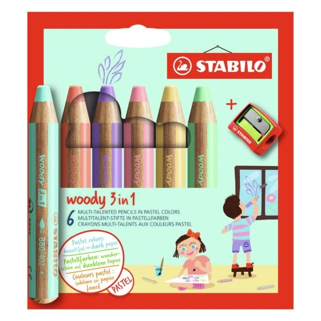Σετ χρωματιστά μολύβια, Stabilo, Woody 3 σε 1 Παστέλ + ξύστρα ST8806-3, 6 χρώματα