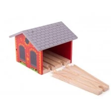 Bigjigs σετ τρένου με ράγες - ξύλινο διπλό υπόστεγο με συρόμενη σκεπή