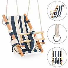 Ξύλινη Παιδική Κούνια Τύπου Σεζλόνγκ GINGER HOME – Βαμβακερό Κάθισμα, Σιδηρόδρομος Ασφαλείας, Εσωτερικής και Εξωτερικής Χρήσης (36×24×57 cm)