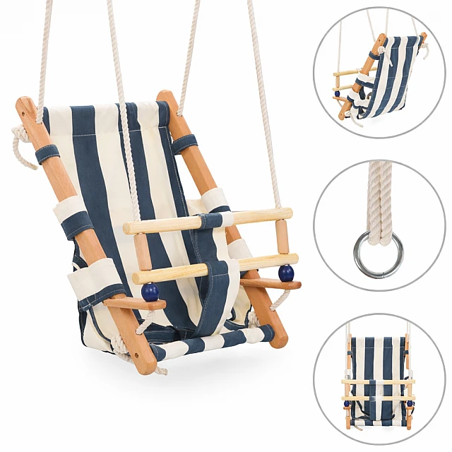 Ξύλινη Παιδική Κούνια Τύπου Σεζλόνγκ GINGER HOME – Βαμβακερό Κάθισμα, Σιδηρόδρομος Ασφαλείας, Εσωτερικής και Εξωτερικής Χρήσης (36×24×57 cm)