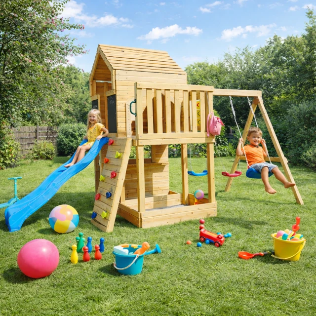 Μεγάλο Ξύλινο Παιδικό Σπιτάκι για την Αυλή GINGER HOME με Τσουλήθρα, 2 Κούνιες, Πλαίσιο Αναρρίχησης και Σκάμμα – 250×150×267 εκ.