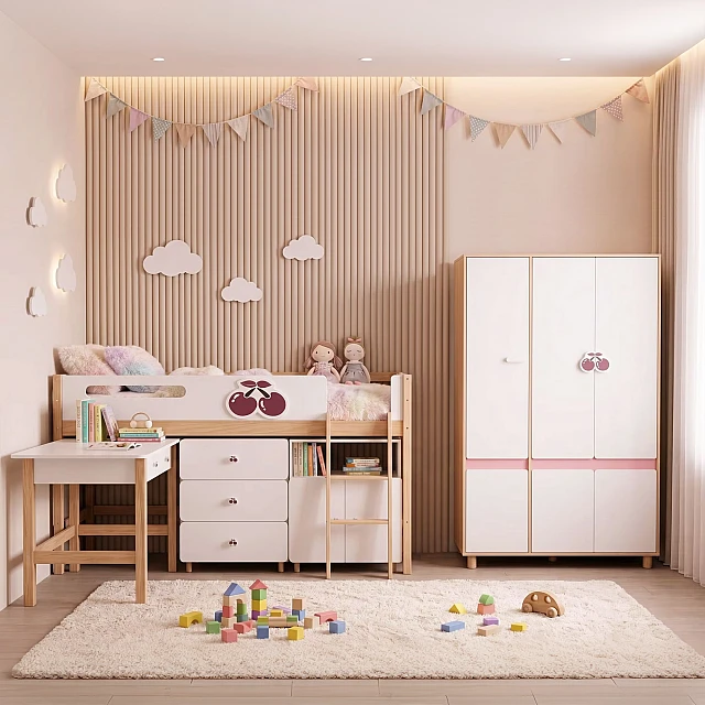 Παιδική Τρίφυλλη Ντουλάπα GINGER HOME CHERRY, με Ράφια, Μοχλό Κρεμάστρας και 6 Πόρτες, Λευκό, Ροζ και Φυσικό Ξύλο, 120x60x180 εκ.