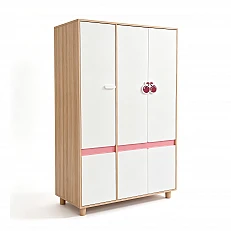 Παιδική Τρίφυλλη Ντουλάπα GINGER HOME CHERRY, με Ράφια, Μοχλό Κρεμάστρας και 6 Πόρτες, Λευκό, Ροζ και Φυσικό Ξύλο, 120x60x180 εκ.