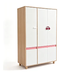 Παιδική Τρίφυλλη Ντουλάπα GINGER HOME CHERRY, με Ράφια, Μοχλό Κρεμάστρας και 6 Πόρτες, Λευκό, Ροζ και Φυσικό Ξύλο, 120x60x180 εκ.