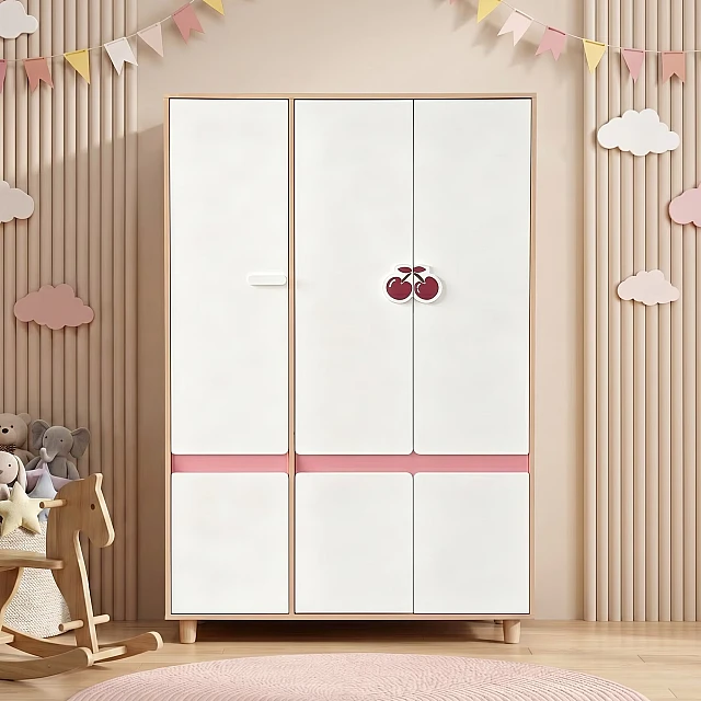Παιδική Τρίφυλλη Ντουλάπα GINGER HOME CHERRY, με Ράφια, Μοχλό Κρεμάστρας και 6 Πόρτες, Λευκό, Ροζ και Φυσικό Ξύλο, 120x60x180 εκ.