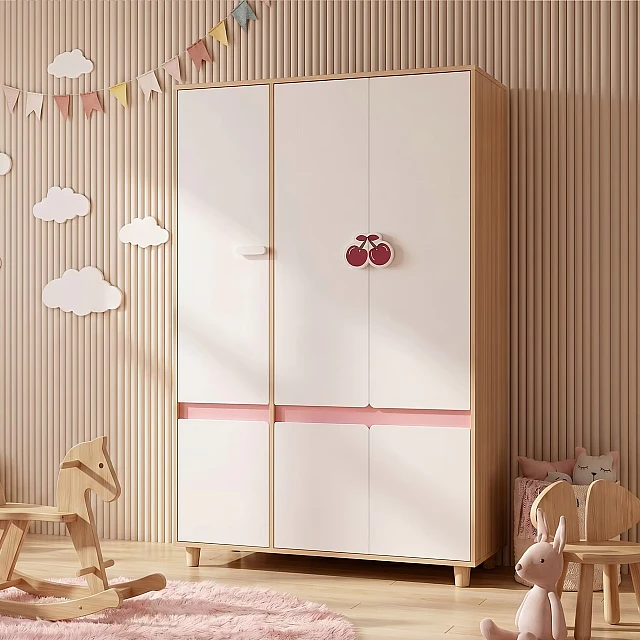 Παιδική Τρίφυλλη Ντουλάπα GINGER HOME CHERRY, με Ράφια, Μοχλό Κρεμάστρας και 6 Πόρτες, Λευκό, Ροζ και Φυσικό Ξύλο, 120x60x180 εκ.