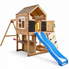 Μεγάλο Ξύλινο Παιδικό Σπιτάκι για την Αυλή GINGER HOME με Τσουλήθρα, 2 Κούνιες, Πλαίσιο Αναρρίχησης και Σκάμμα – 250×150×267 εκ.
