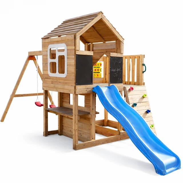 Μεγάλο Ξύλινο Παιδικό Σπιτάκι για την Αυλή GINGER HOME με Τσουλήθρα, 2 Κούνιες, Πλαίσιο Αναρρίχησης και Σκάμμα – 250×150×267 εκ.