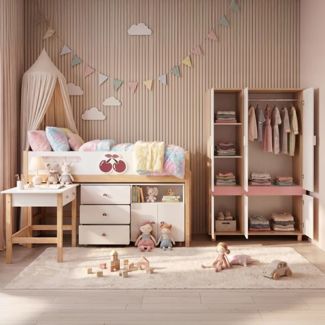 GINGER HOME CHERRY Σετ Παιδικού Δωματίου με Ενιαίο Κρεβάτι 90x200 cm, Γραφείο, Συρταριέρα, Ντουλάπι και Τρίφυλλη Ντουλάπα, Λευκό, Ροζ και Φυσικό Ξύλο