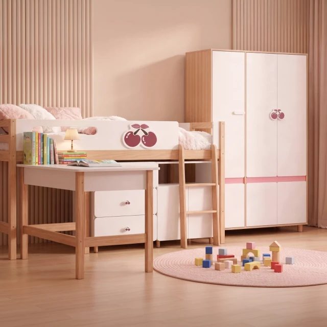 GINGER HOME CHERRY Σετ Παιδικού Δωματίου με Ενιαίο Κρεβάτι 90x200 cm, Γραφείο, Συρταριέρα, Ντουλάπι και Τρίφυλλη Ντουλάπα, Λευκό, Ροζ και Φυσικό Ξύλο