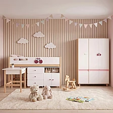 GINGER HOME CHERRY Σετ Παιδικού Δωματίου με Ενιαίο Κρεβάτι 90x200 cm, Γραφείο, Συρταριέρα, Ντουλάπι και Τρίφυλλη Ντουλάπα, Λευκό, Ροζ και Φυσικό Ξύλο