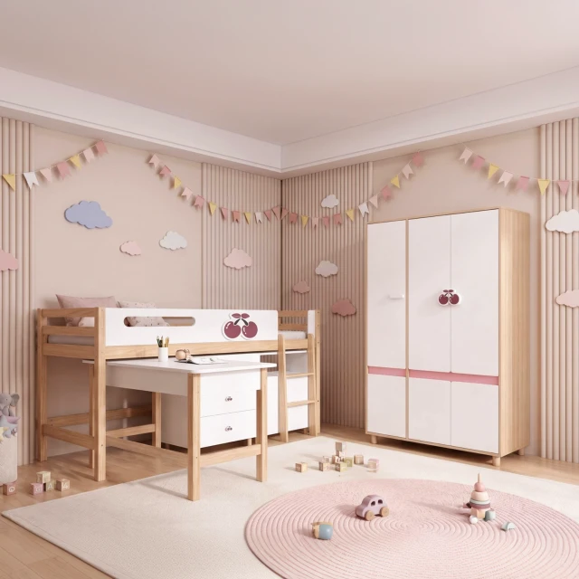 GINGER HOME CHERRY Σετ Παιδικού Δωματίου με Ενιαίο Κρεβάτι 90x200 cm, Γραφείο, Συρταριέρα, Ντουλάπι και Τρίφυλλη Ντουλάπα, Λευκό, Ροζ και Φυσικό Ξύλο