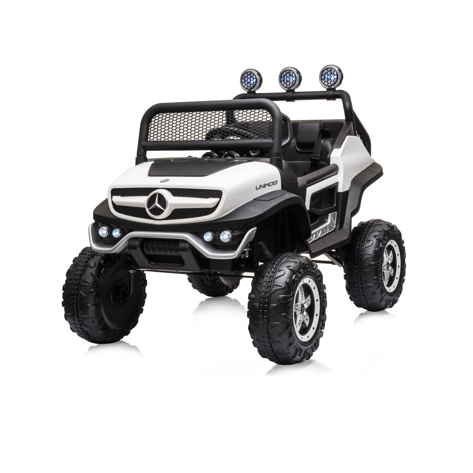 Акумулаторен джип Mercedes UNIMOG бял EVA, кожена