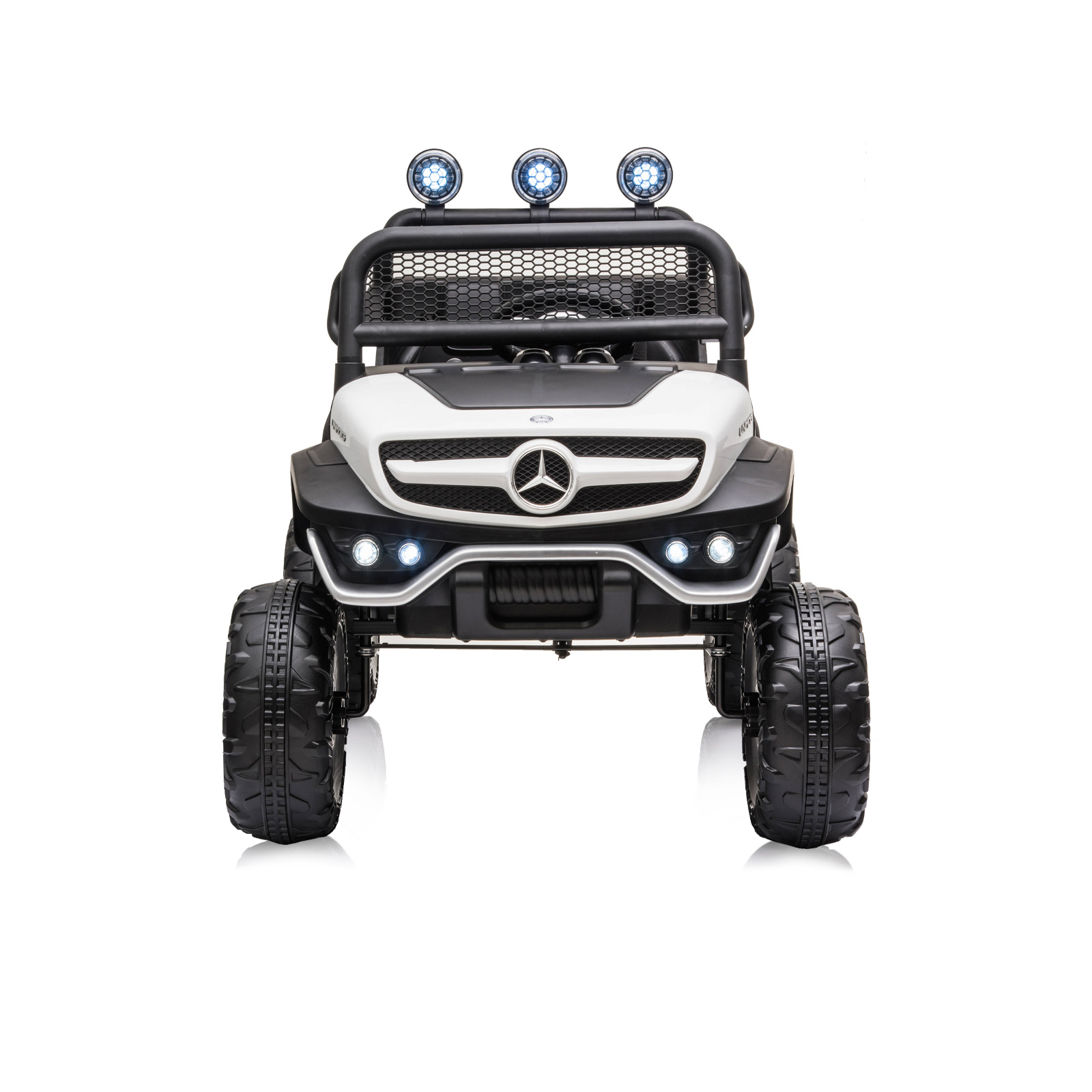 Акумулаторен джип Mercedes UNIMOG бял EVA, кожена