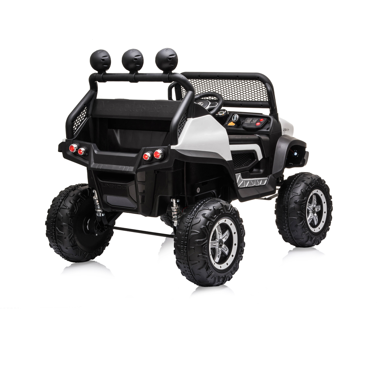Акумулаторен джип Mercedes UNIMOG бял EVA, кожена