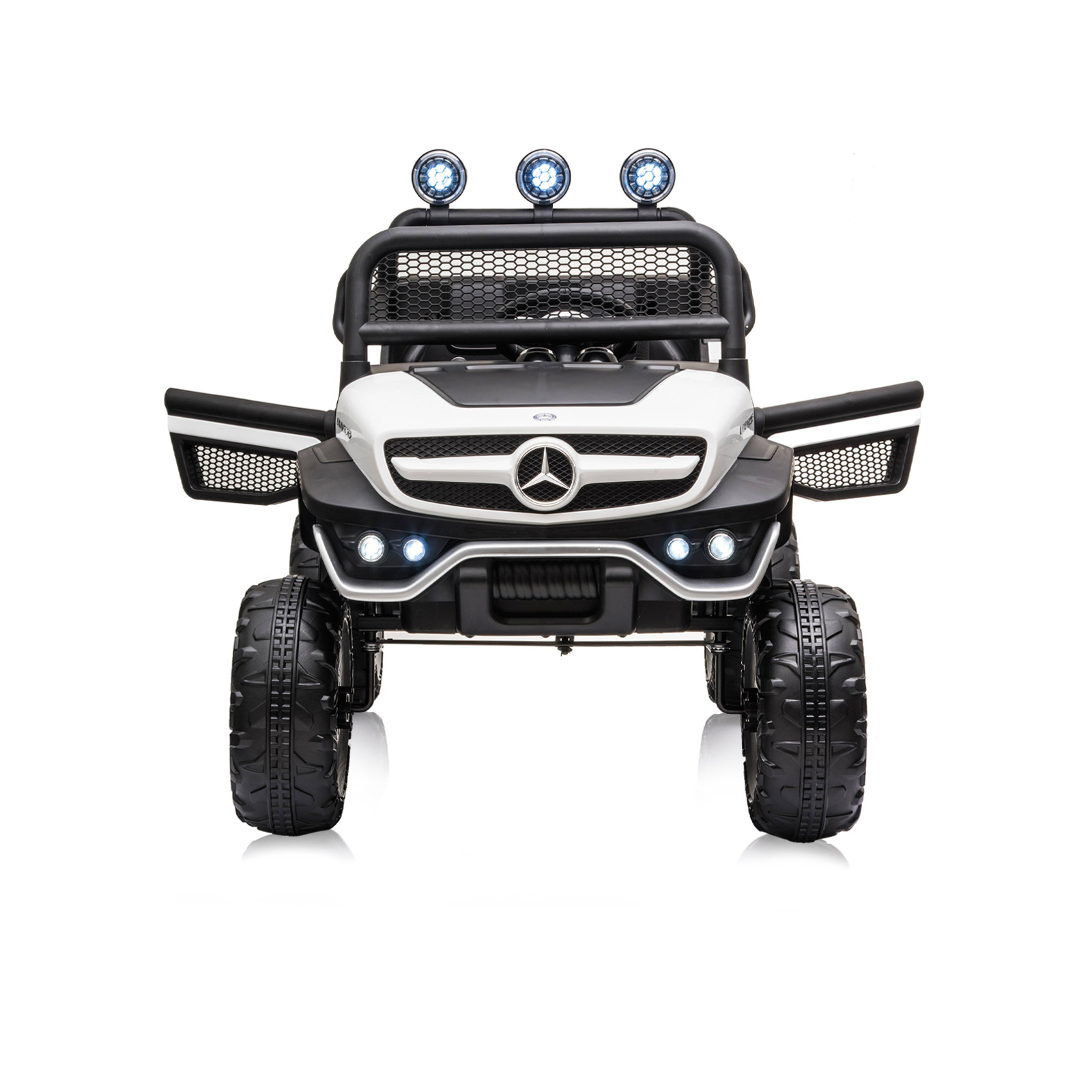 Акумулаторен джип Mercedes UNIMOG бял EVA, кожена