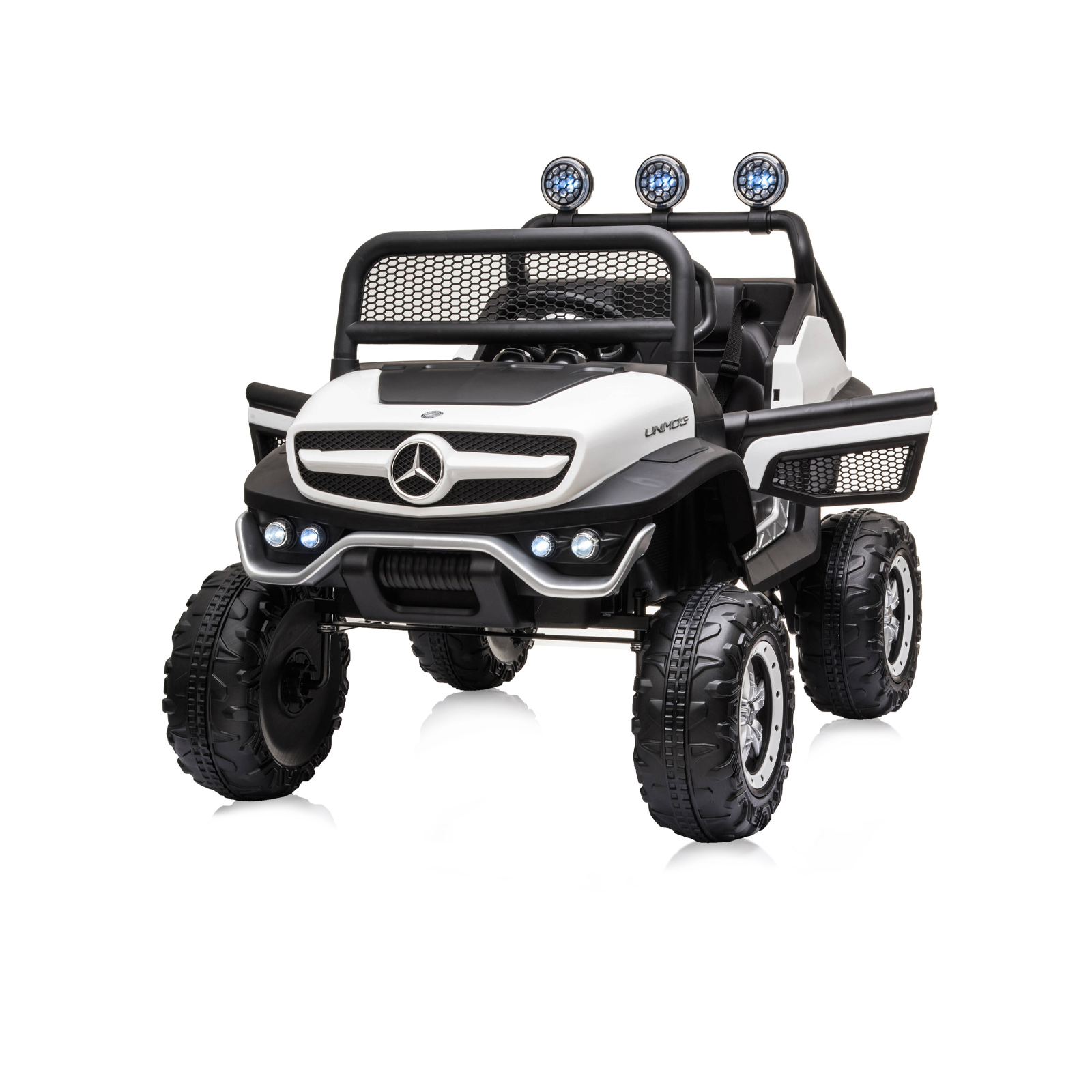 Акумулаторен джип Mercedes UNIMOG бял EVA, кожена